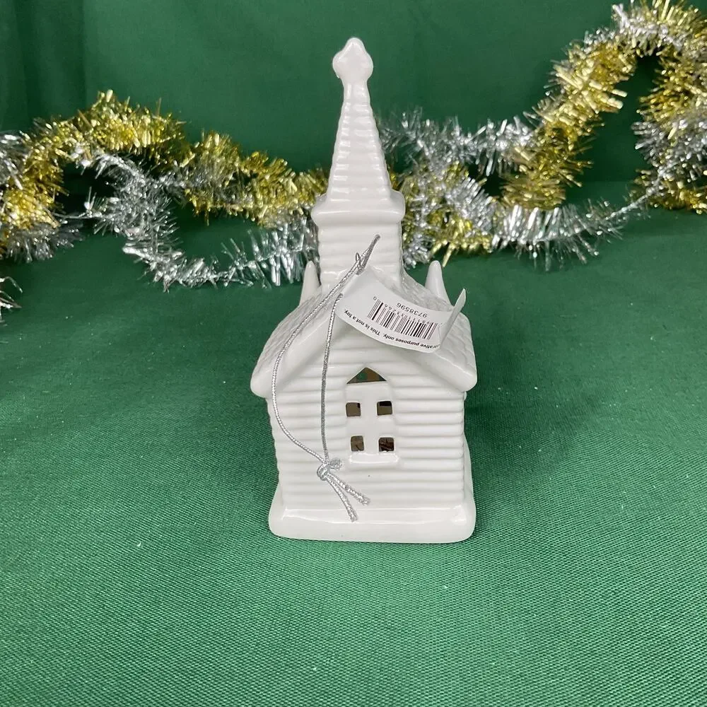 White Ceramic Light Up Church Christmas Ornament LED Glowing Chapel Pine Trees